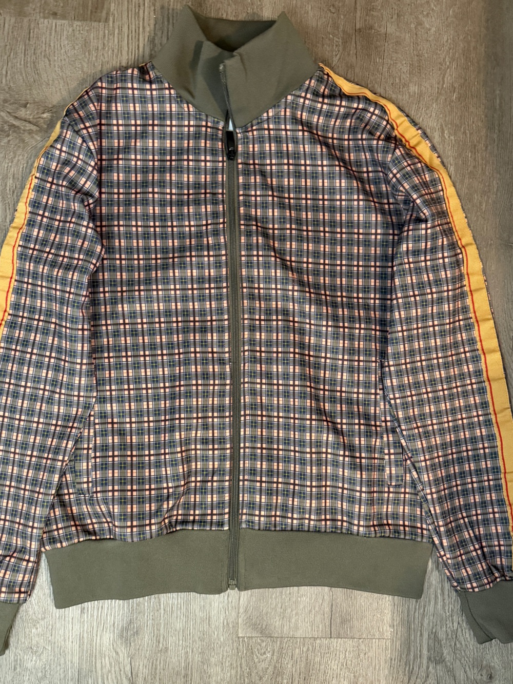 Jian WANG Men's Plaid Zip-Up Jacket and Pant SET in Olive & Yellow